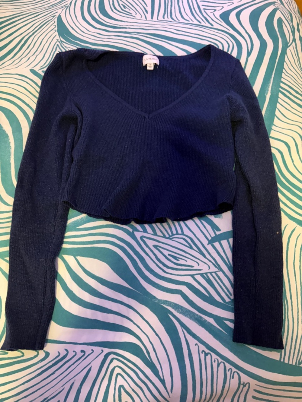 La Hearts Navy Cropped V-Neck Sweater